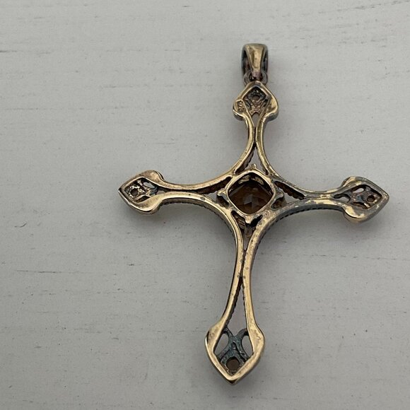 Vintage Smoky Quartz sterling and vermeil ornate cross pendant - Picture 2 of 6